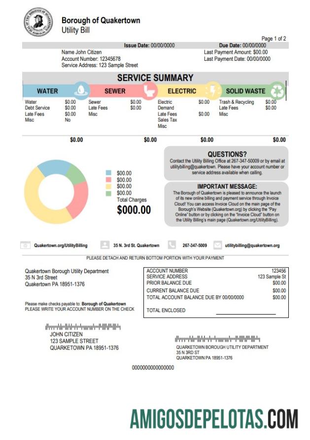 Em branco modelo de conta de serviços públicos do distrito de Quakertown, Pensilvânia, EUA, em formato Word e PDF